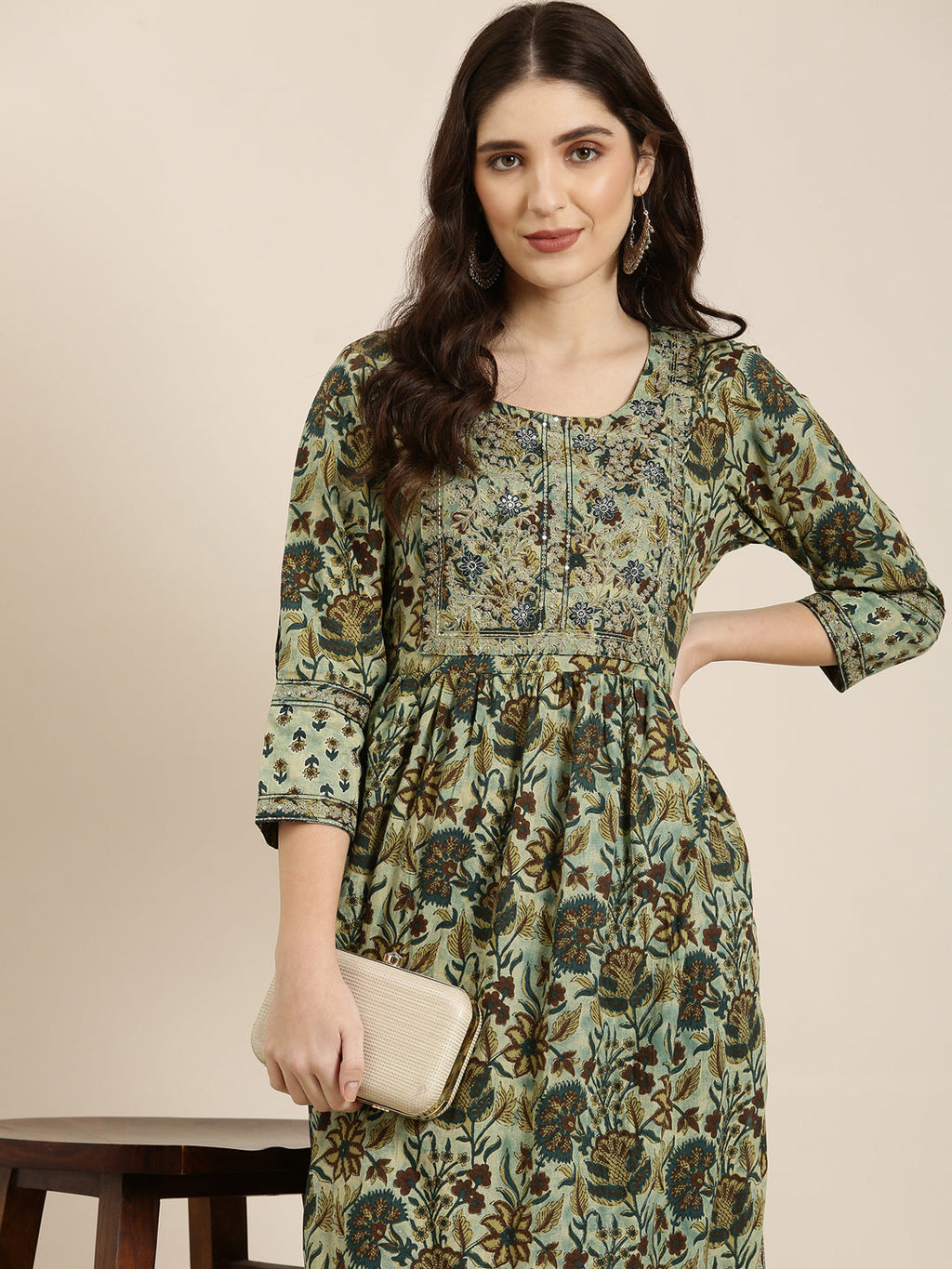 Women's Teal Floral Printed Thread Work A-Line Kurta