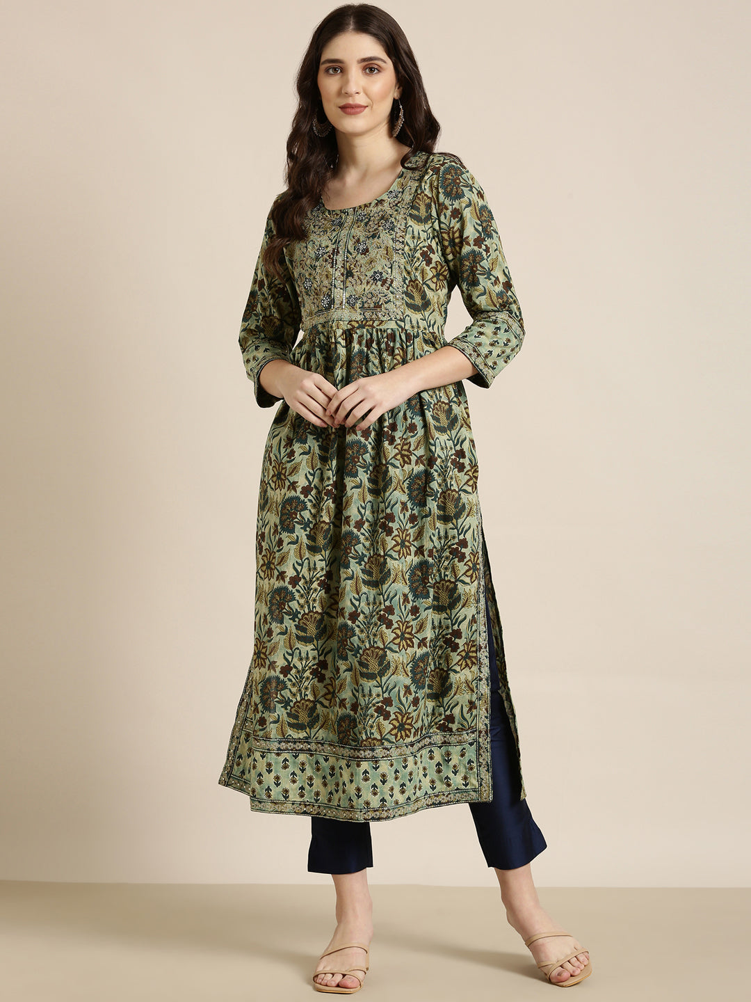 Women's Teal Floral Printed Thread Work A-Line Kurta