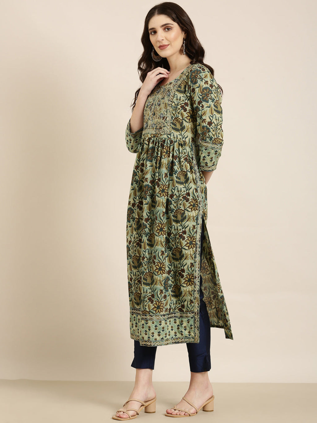 Women's Teal Floral Printed Thread Work A-Line Kurta