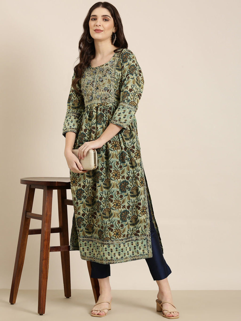 Women's Teal Floral Printed Thread Work A-Line Kurta
