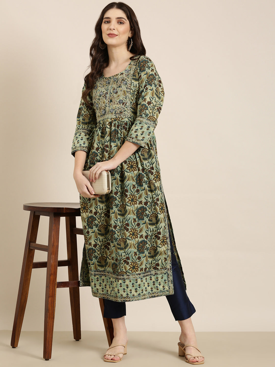 Women's Teal Floral Printed Thread Work A-Line Kurta
