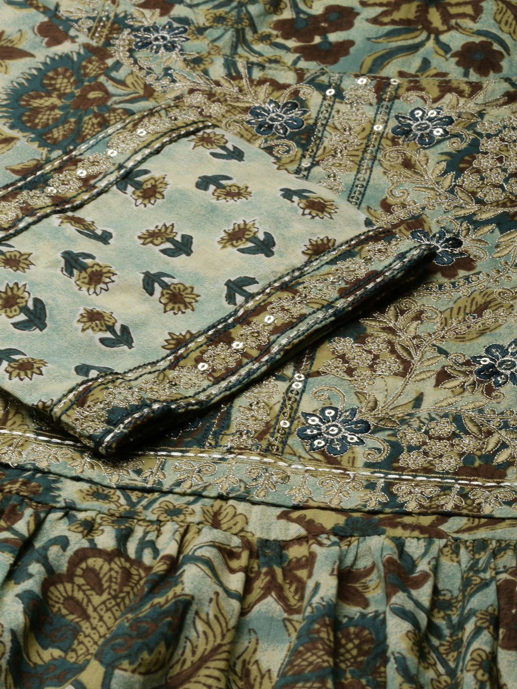 Women's Teal Floral Printed Thread Work A-Line Kurta