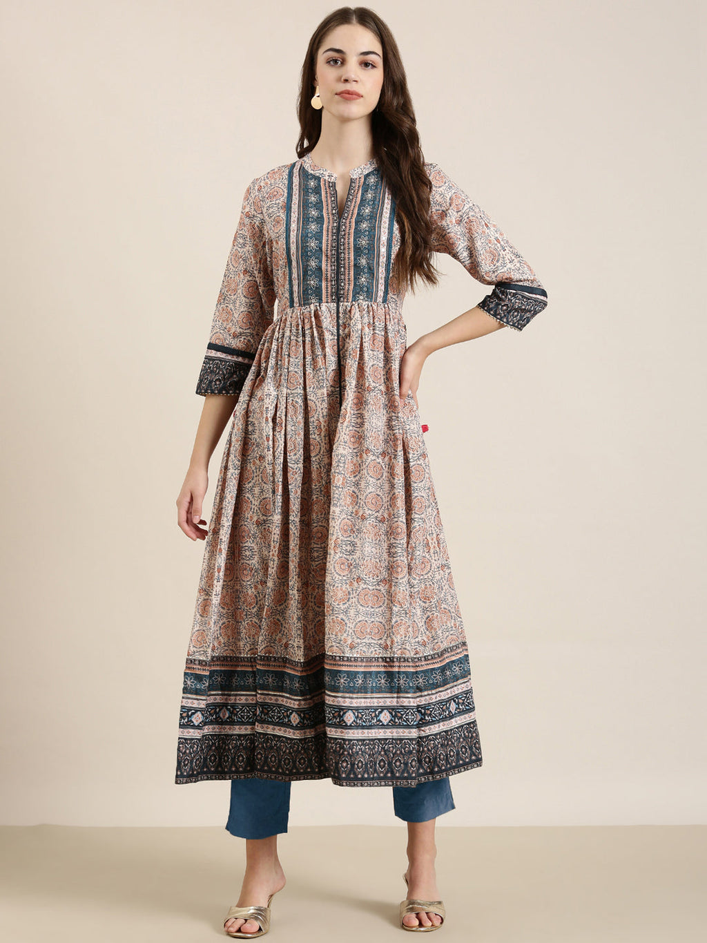 Women's Beige Floral Printed Mandarin Collar Anarkali Kurta