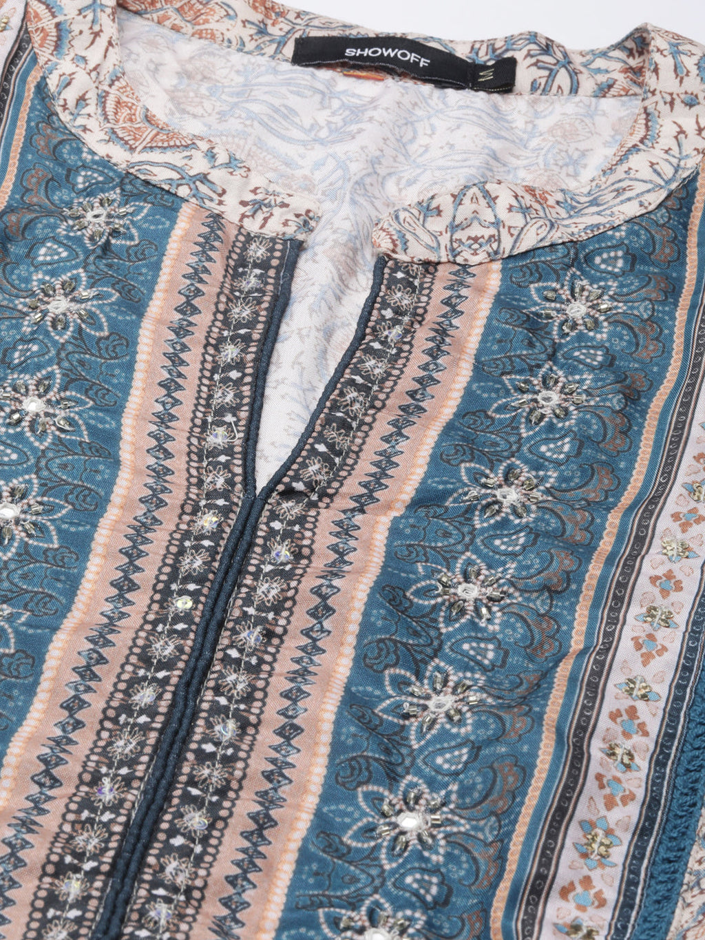 Women's Beige Floral Printed Mandarin Collar Anarkali Kurta