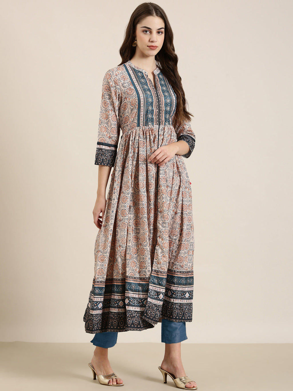 Women's Beige Floral Printed Mandarin Collar Anarkali Kurta