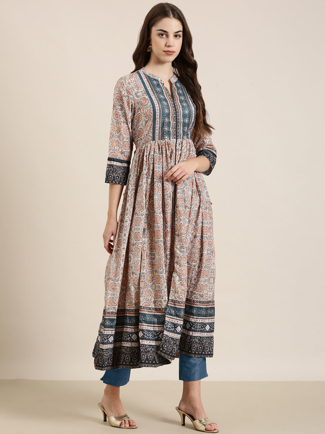 Women's Beige Floral Printed Mandarin Collar Anarkali Kurta