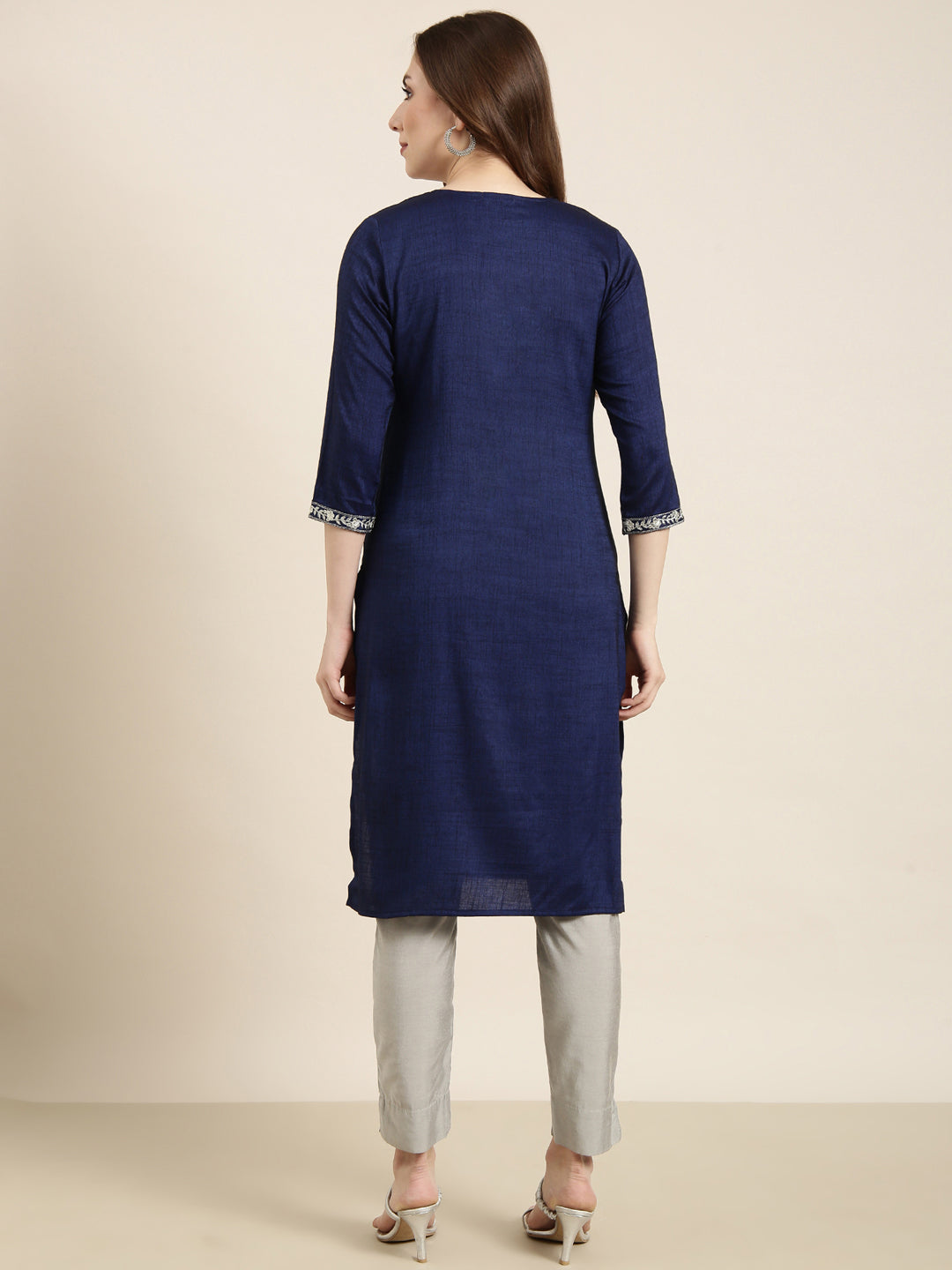 Women's Straight Navy Blue Solid Kurta