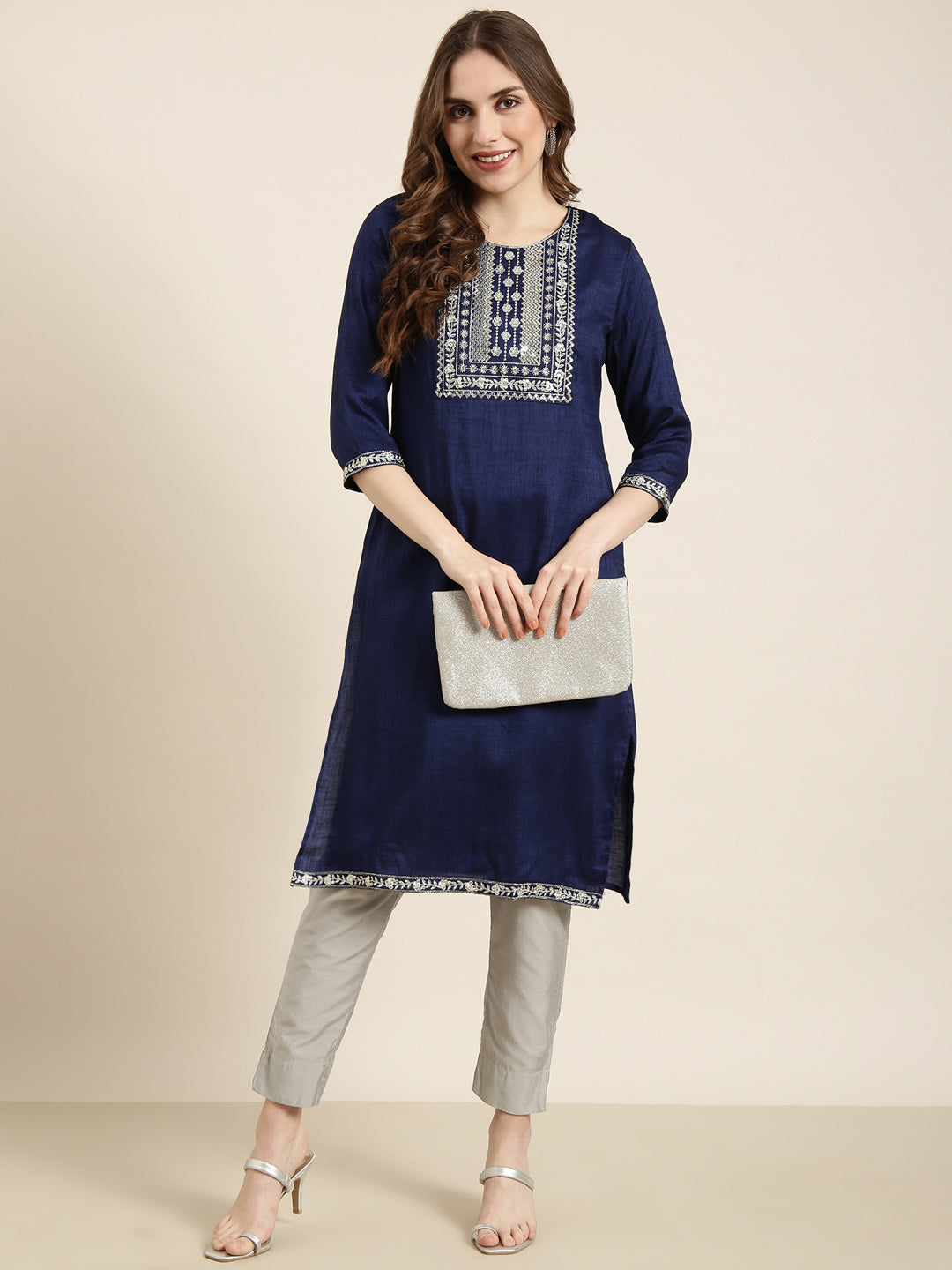 Women's Straight Navy Blue Solid Kurta