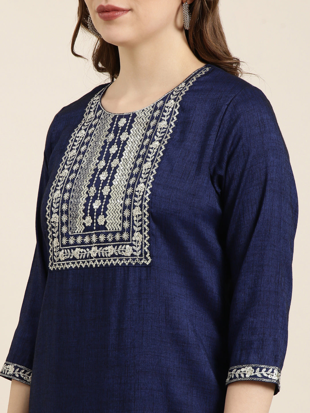 Women's Straight Navy Blue Solid Kurta
