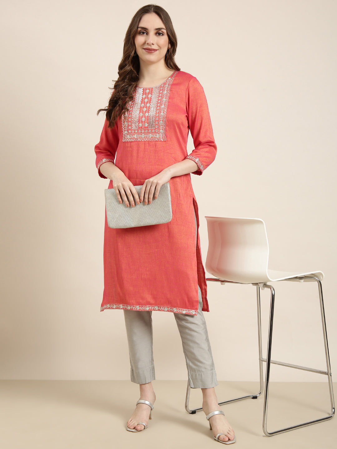 Women's Straight Peach Solid Kurta
