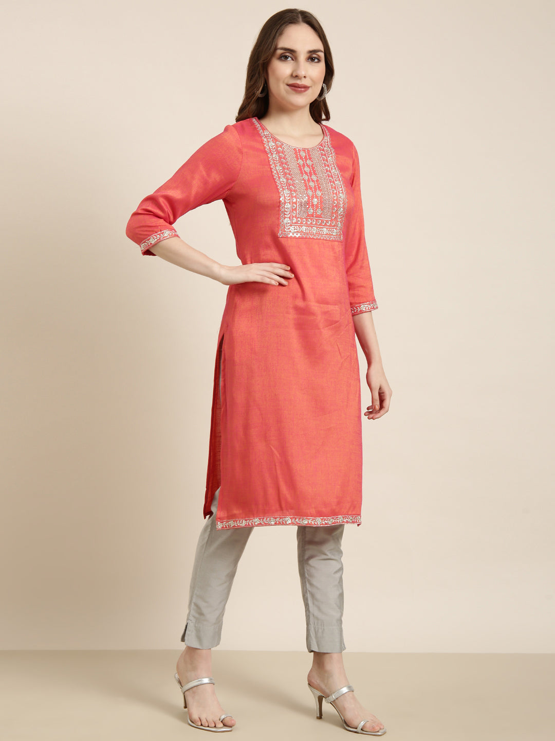Women's Straight Peach Solid Kurta