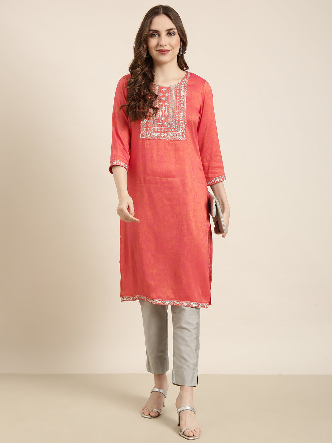 Women's Straight Peach Solid Kurta