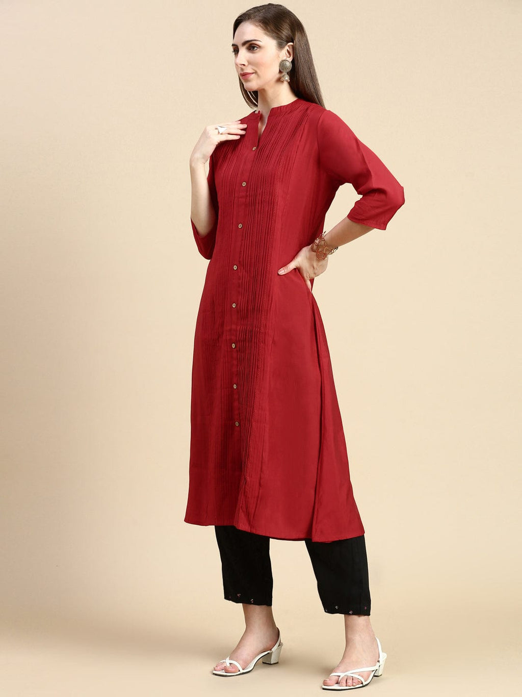 Women's Solid Red A-Line Kurta