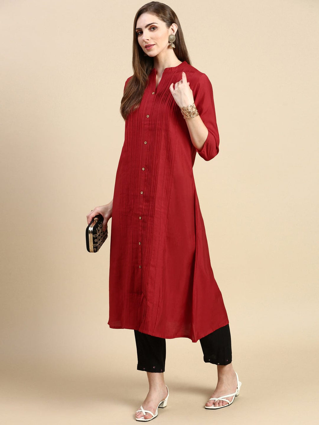 Women's Solid Red A-Line Kurta