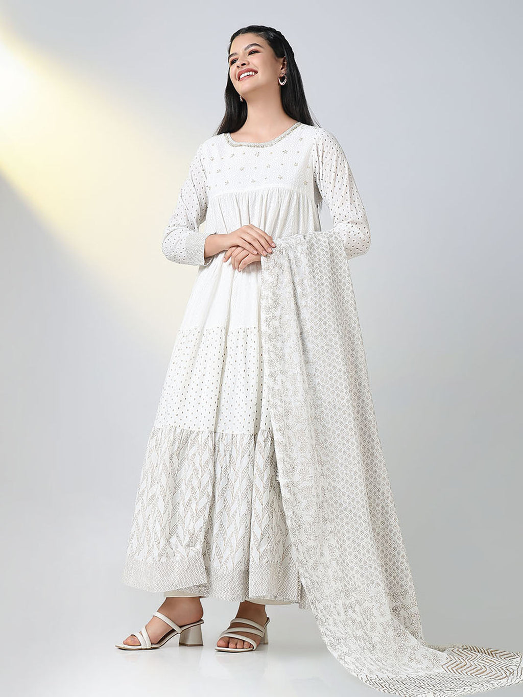 Women's White Ethnic Motifs Anarkali Kurta with Dupatta