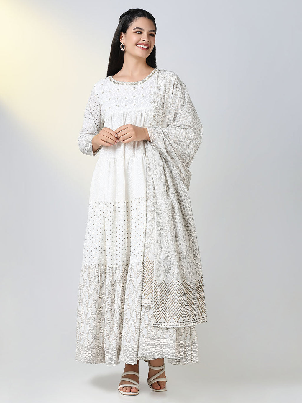 Women's White Ethnic Motifs Anarkali Kurta with Dupatta