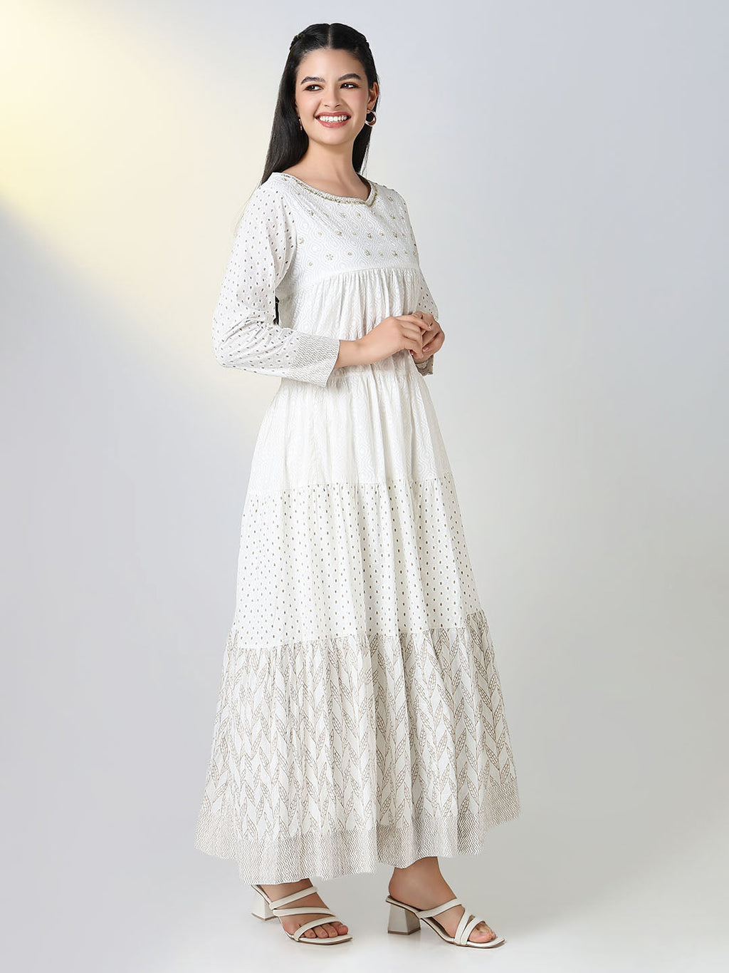 Women's White Ethnic Motifs Anarkali Kurta with Dupatta