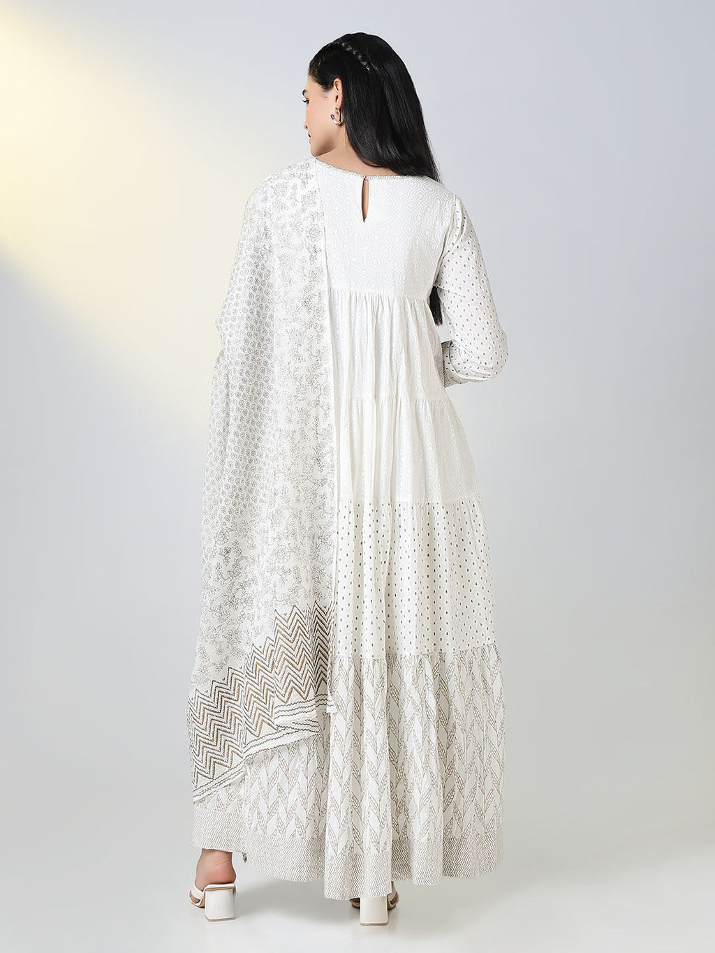 Women's White Ethnic Motifs Anarkali Kurta with Dupatta