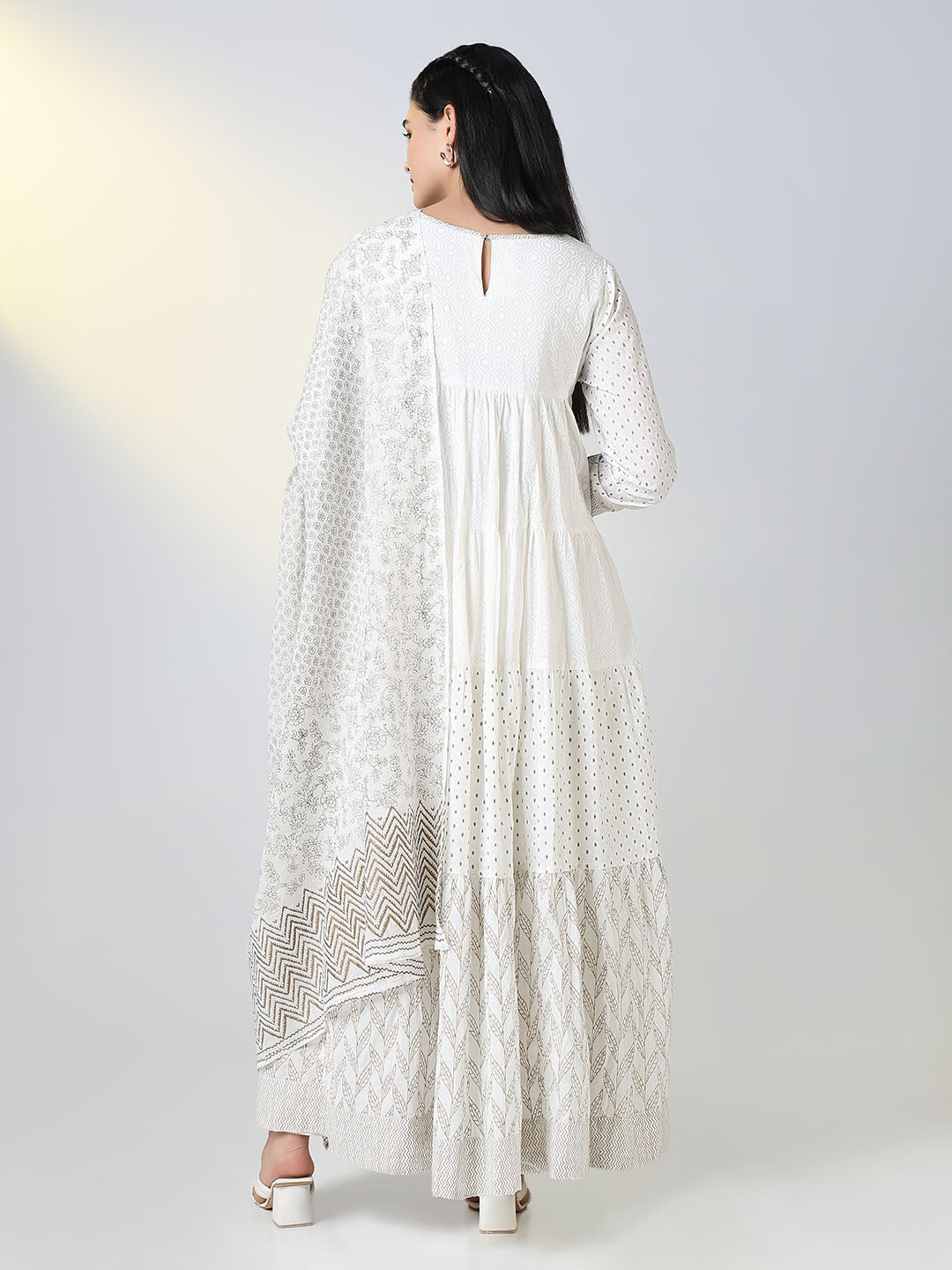 Women's White Ethnic Motifs Anarkali Kurta with Dupatta