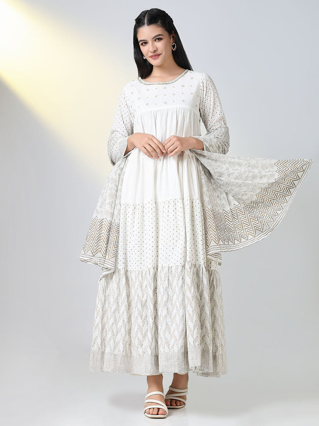 Women's White Ethnic Motifs Anarkali Kurta with Dupatta