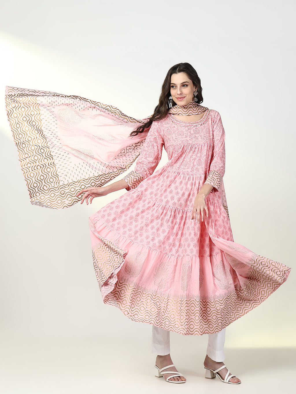 Women's Ethnic Pink Floral Anarkali Kurta with Dupatta
