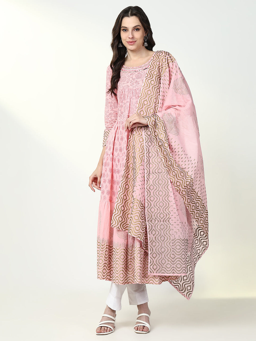 Women's Ethnic Pink Floral Anarkali Kurta with Dupatta