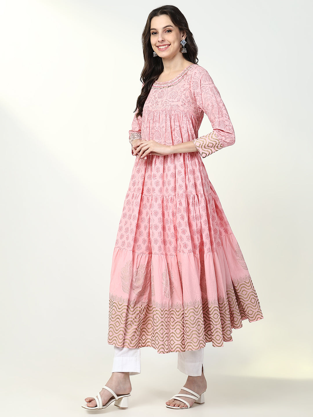 Women's Ethnic Pink Floral Anarkali Kurta with Dupatta