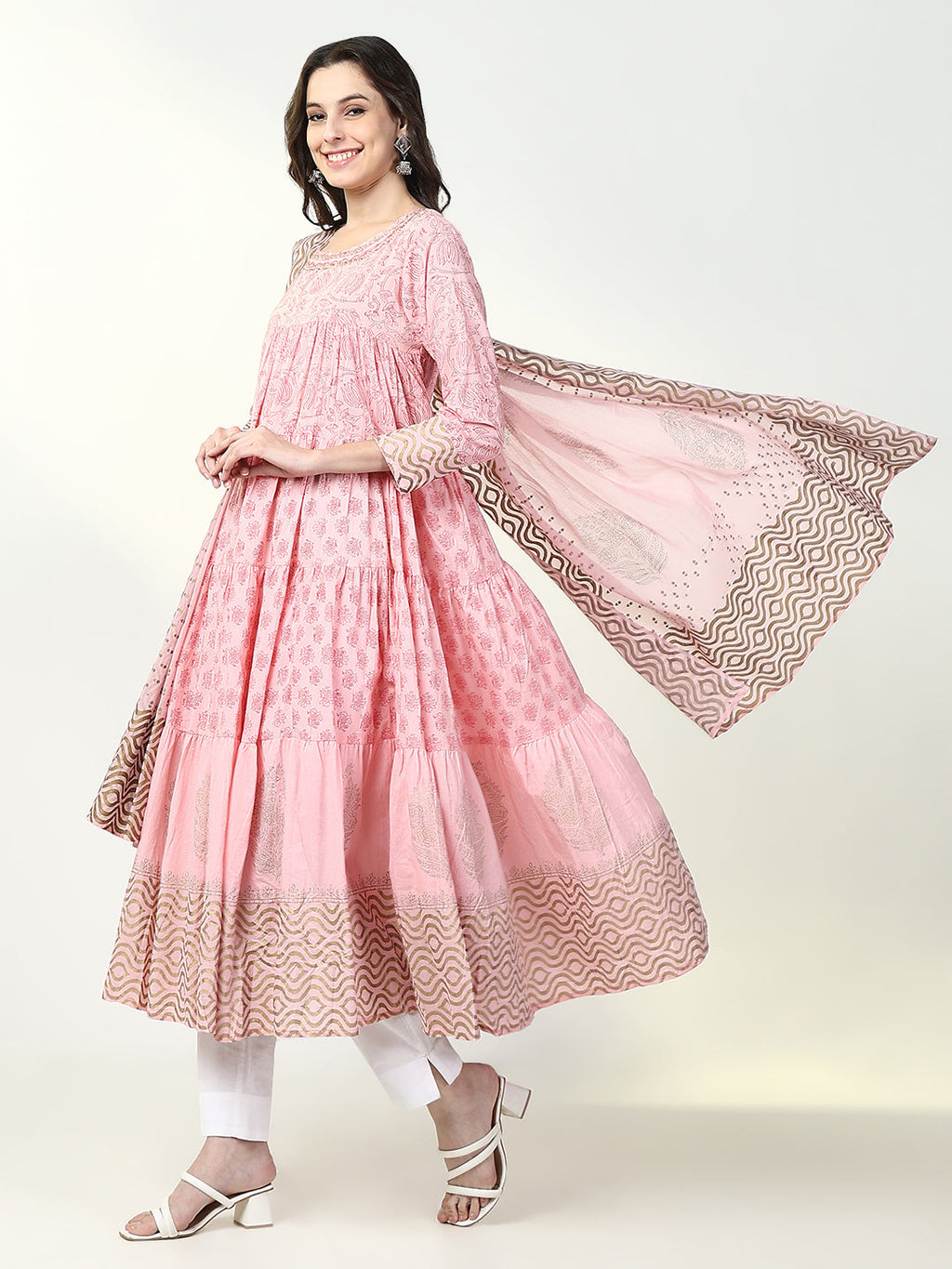 Women's Ethnic Pink Floral Anarkali Kurta with Dupatta