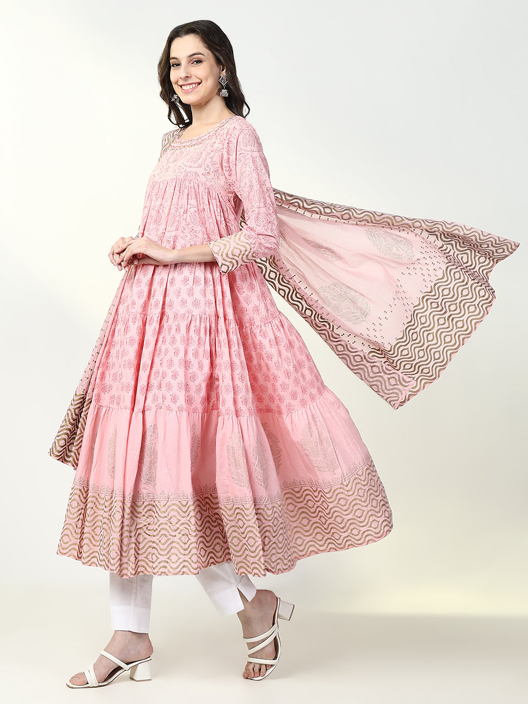 Women's Ethnic Pink Floral Anarkali Kurta with Dupatta