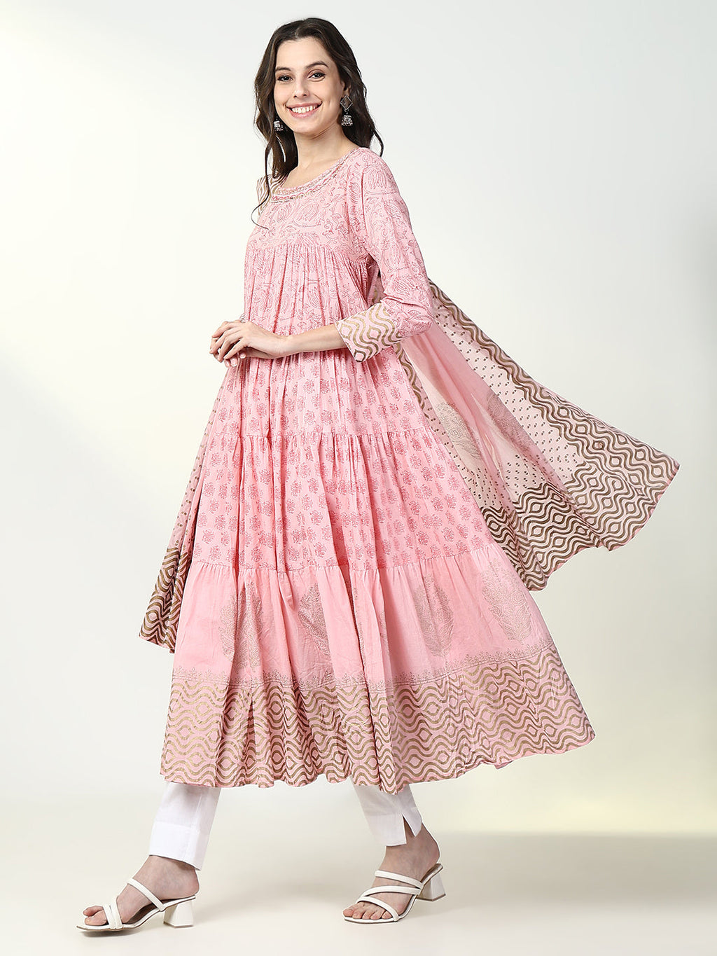 Women's Ethnic Pink Floral Anarkali Kurta with Dupatta