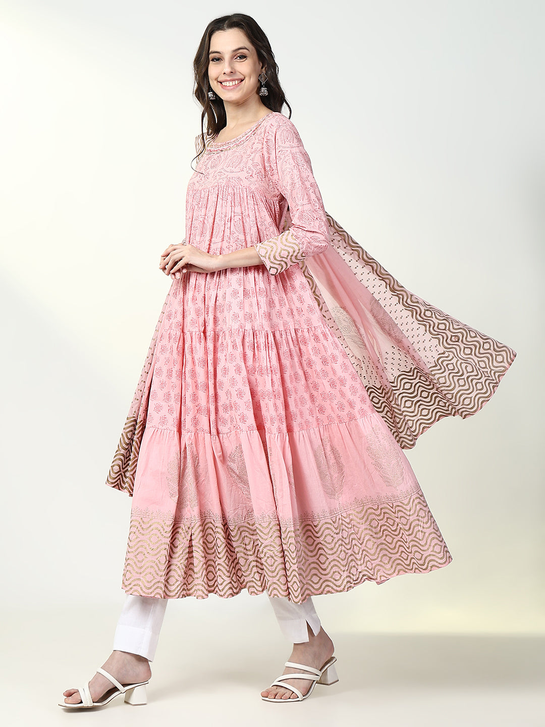 Women's Ethnic Pink Floral Anarkali Kurta with Dupatta