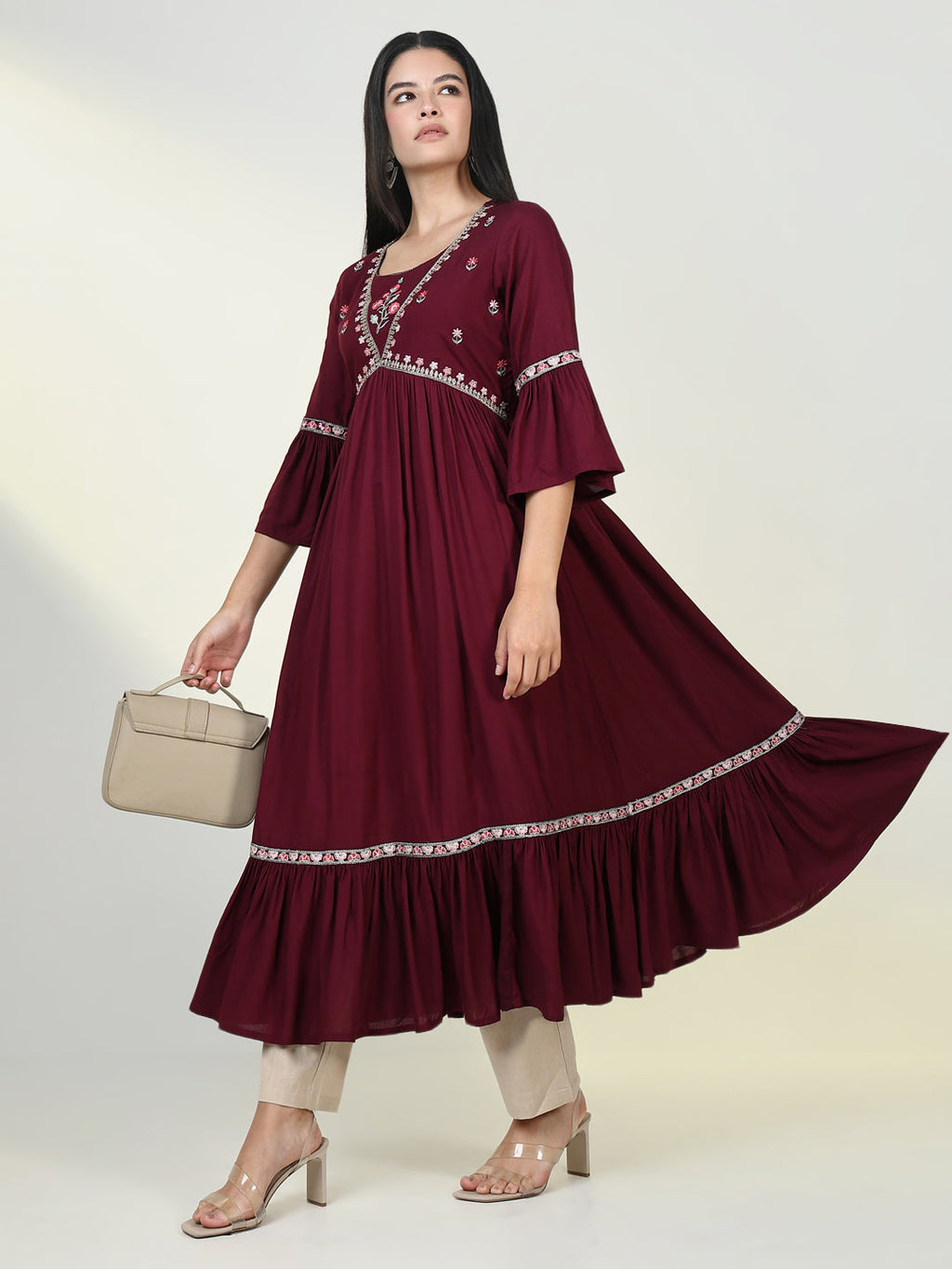 Women's Solid Maroon Anarkali Kurta