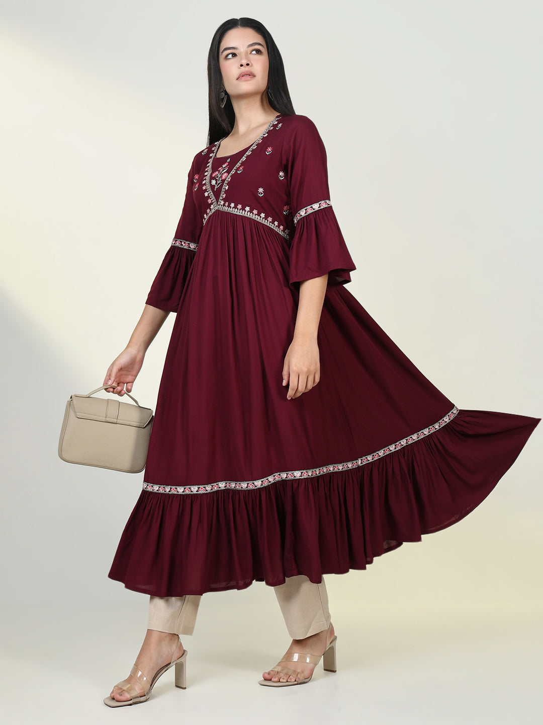 Women's Solid Maroon Anarkali Kurta
