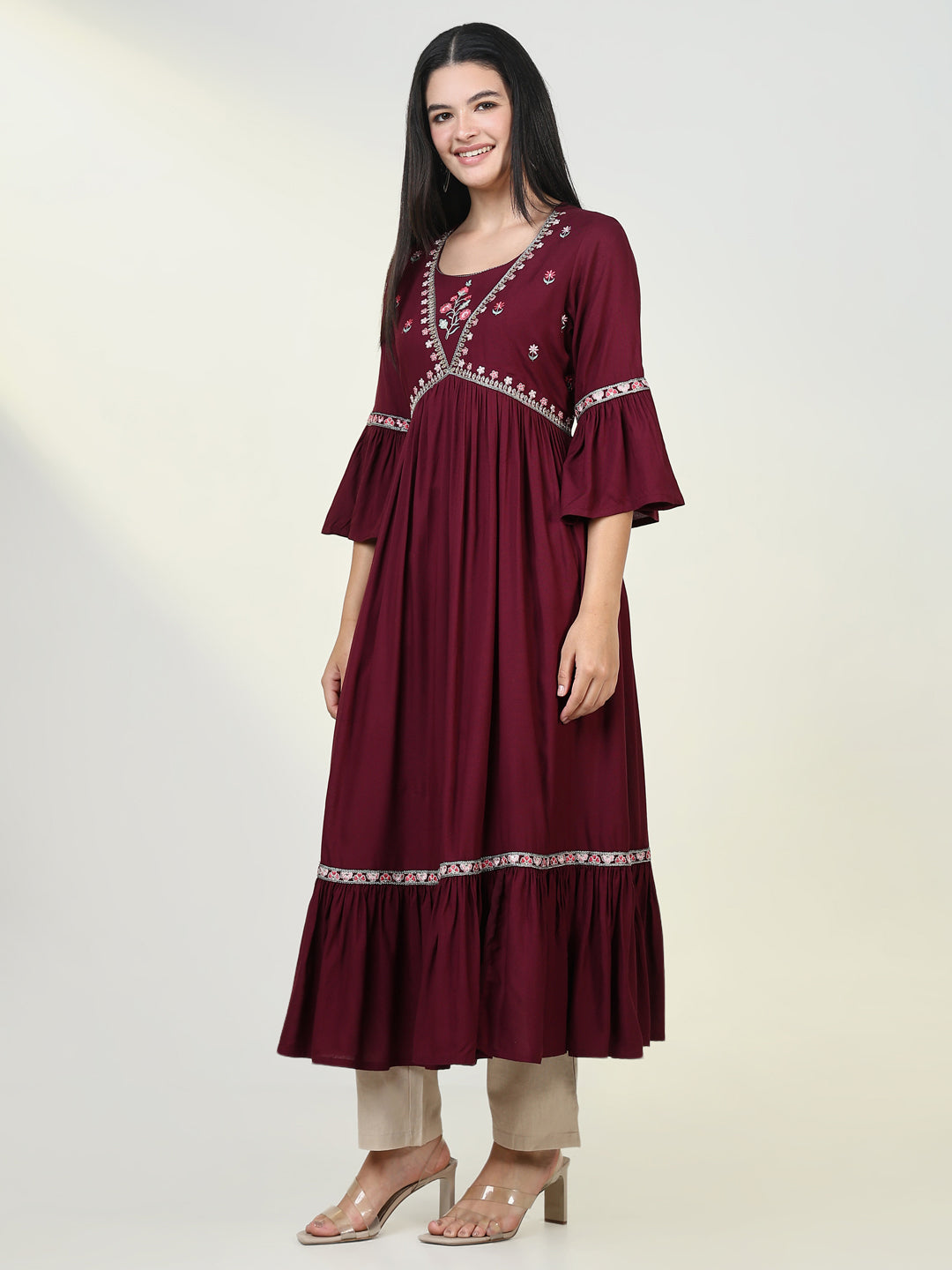 Women's Solid Maroon Anarkali Kurta