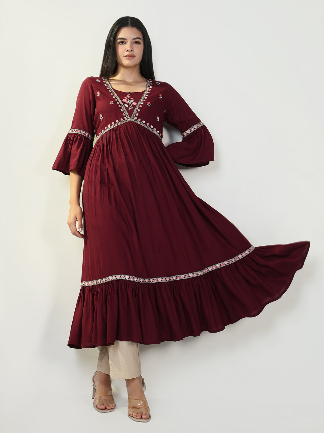 Women's Solid Maroon Anarkali Kurta