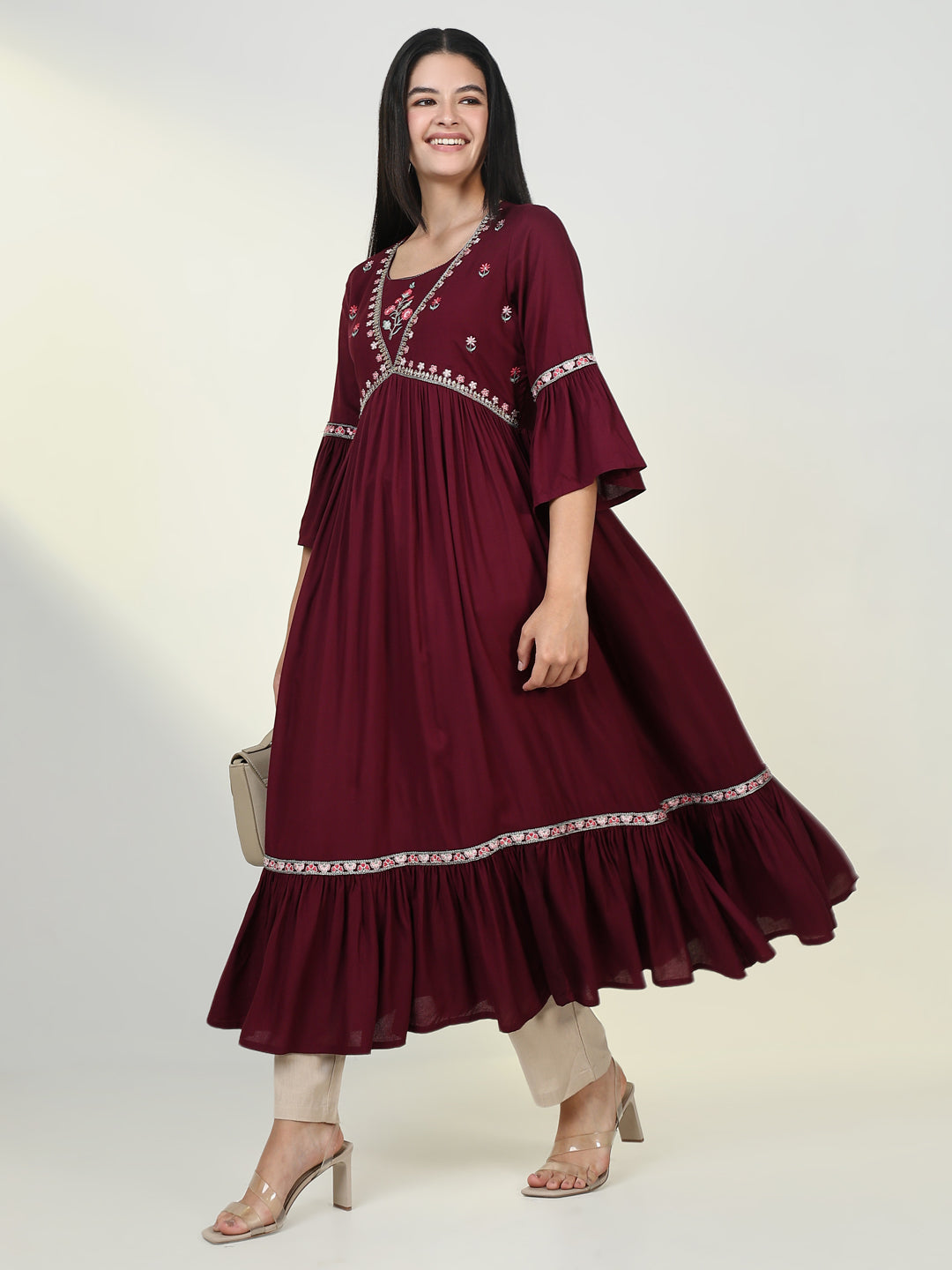 Women's Solid Maroon Anarkali Kurta
