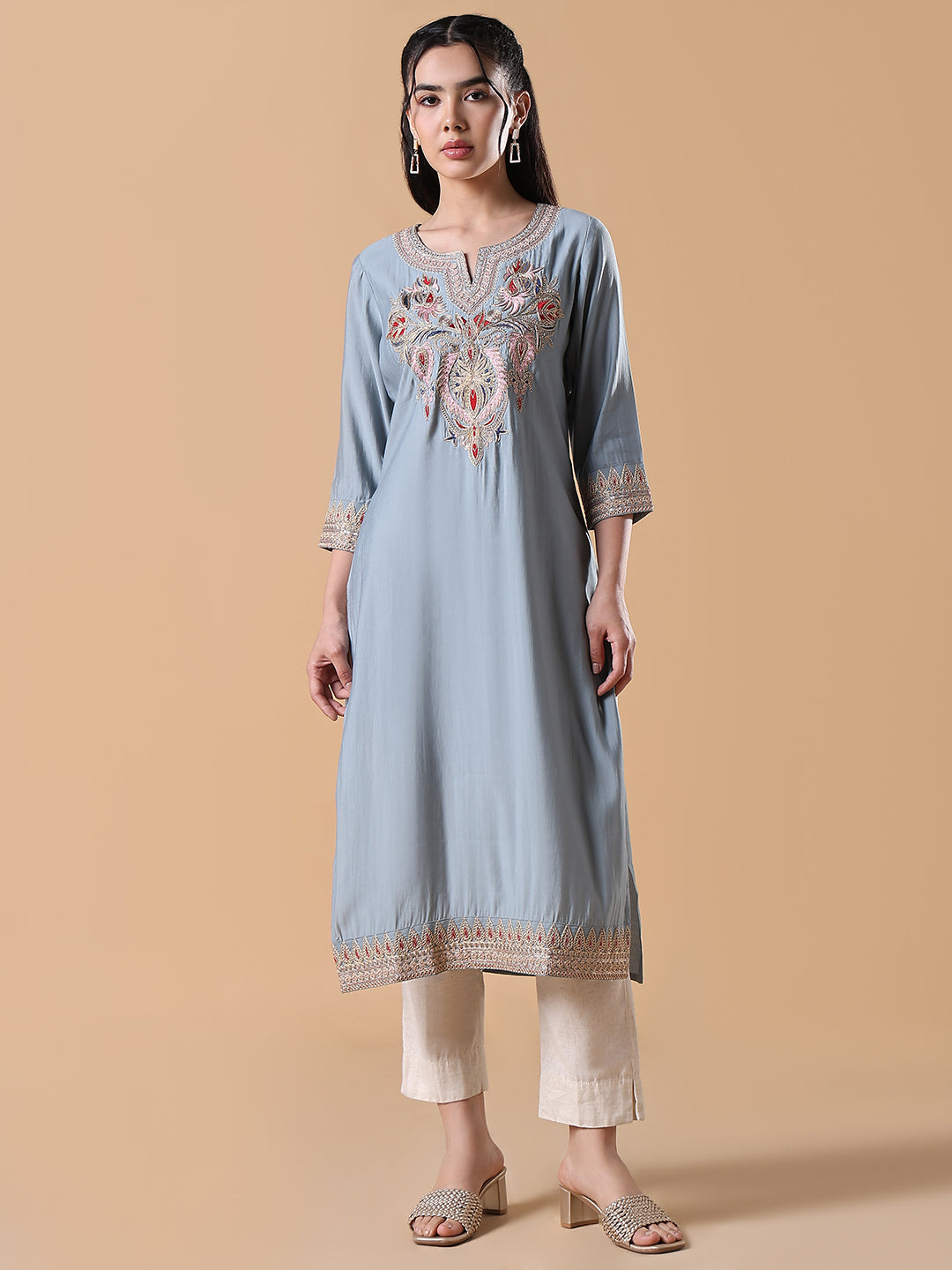 Women's Grey Solid Embroidered Straight Kurta