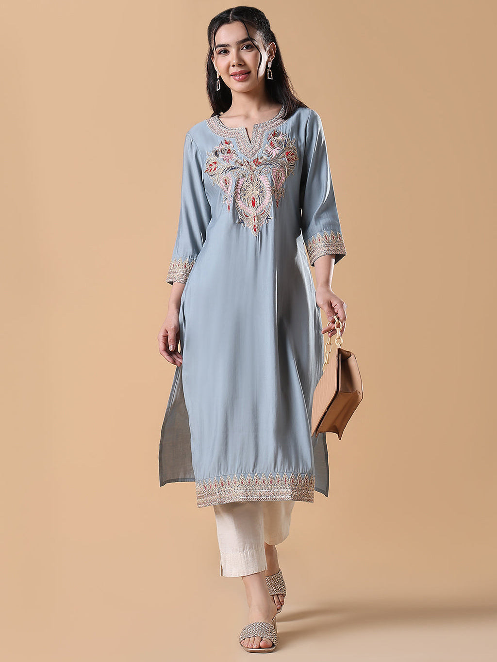 Women's Grey Solid Embroidered Straight Kurta