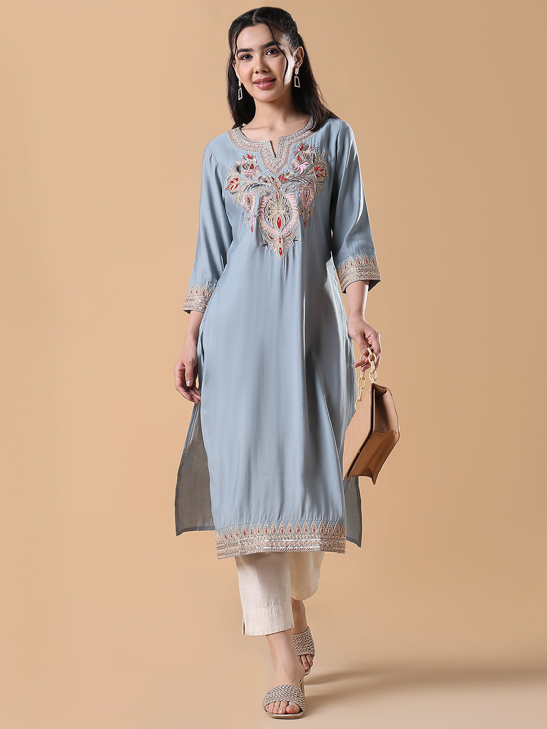 Women's Grey Solid Embroidered Straight Kurta