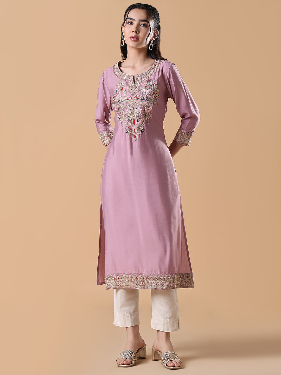 Women's Pink Embroidered Straight Kurta