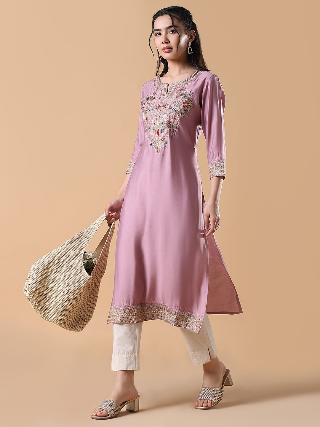 Women's Pink Embroidered Straight Kurta