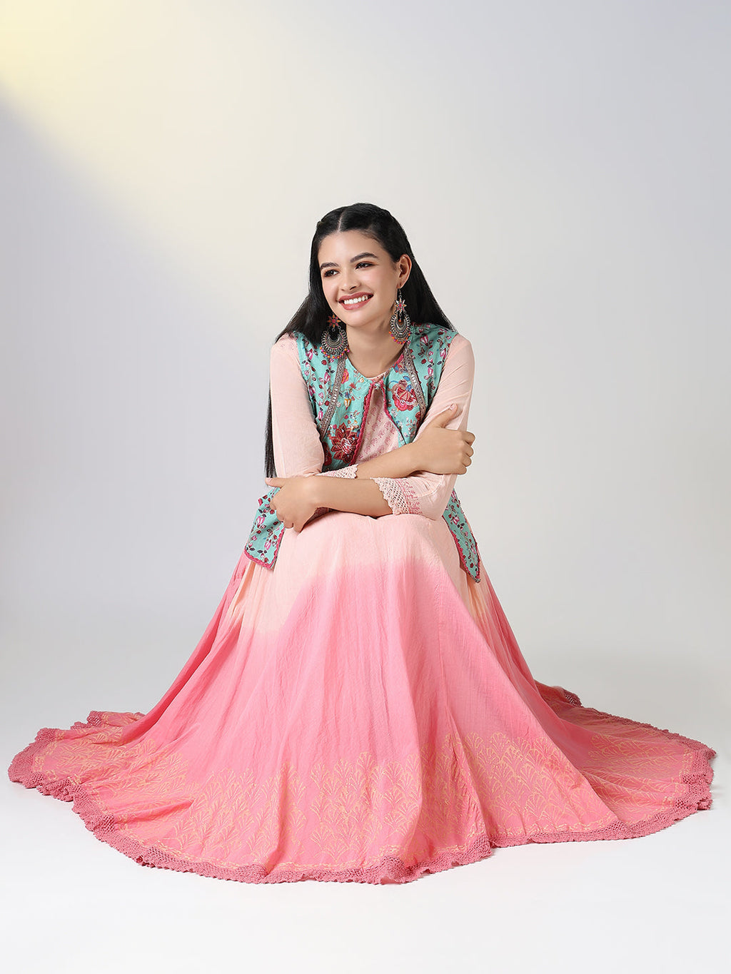 Women's Peach Ethnic Motifs Anarkali Kurta with Overcoat