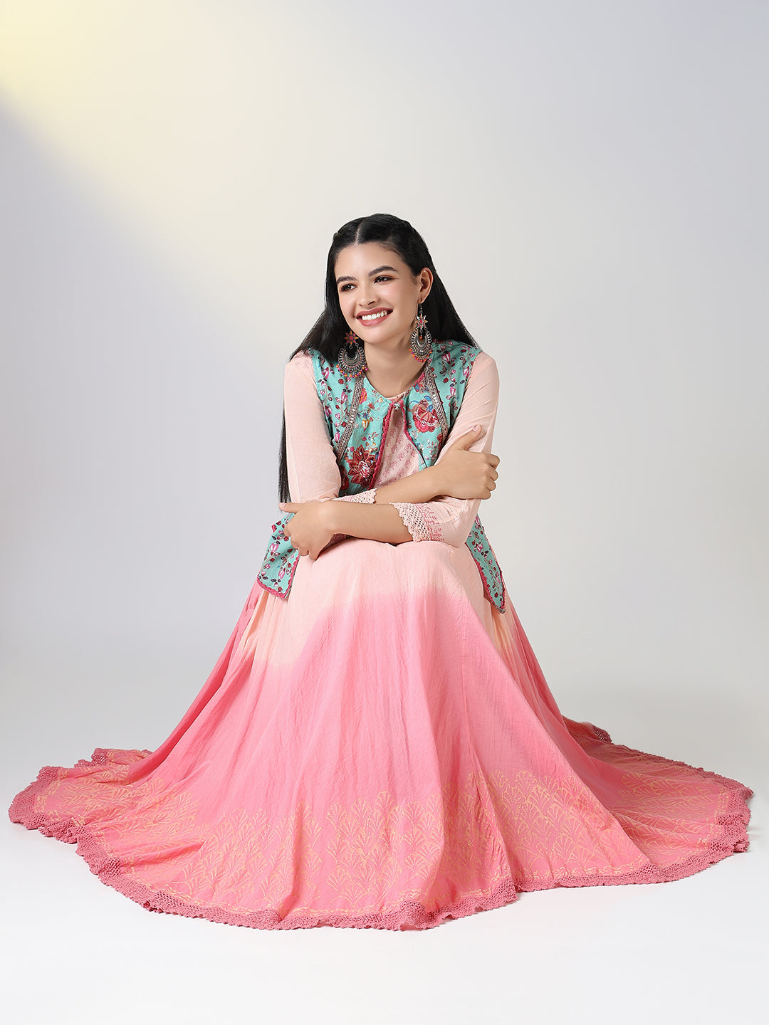 Women's Peach Ethnic Motifs Anarkali Kurta with Overcoat