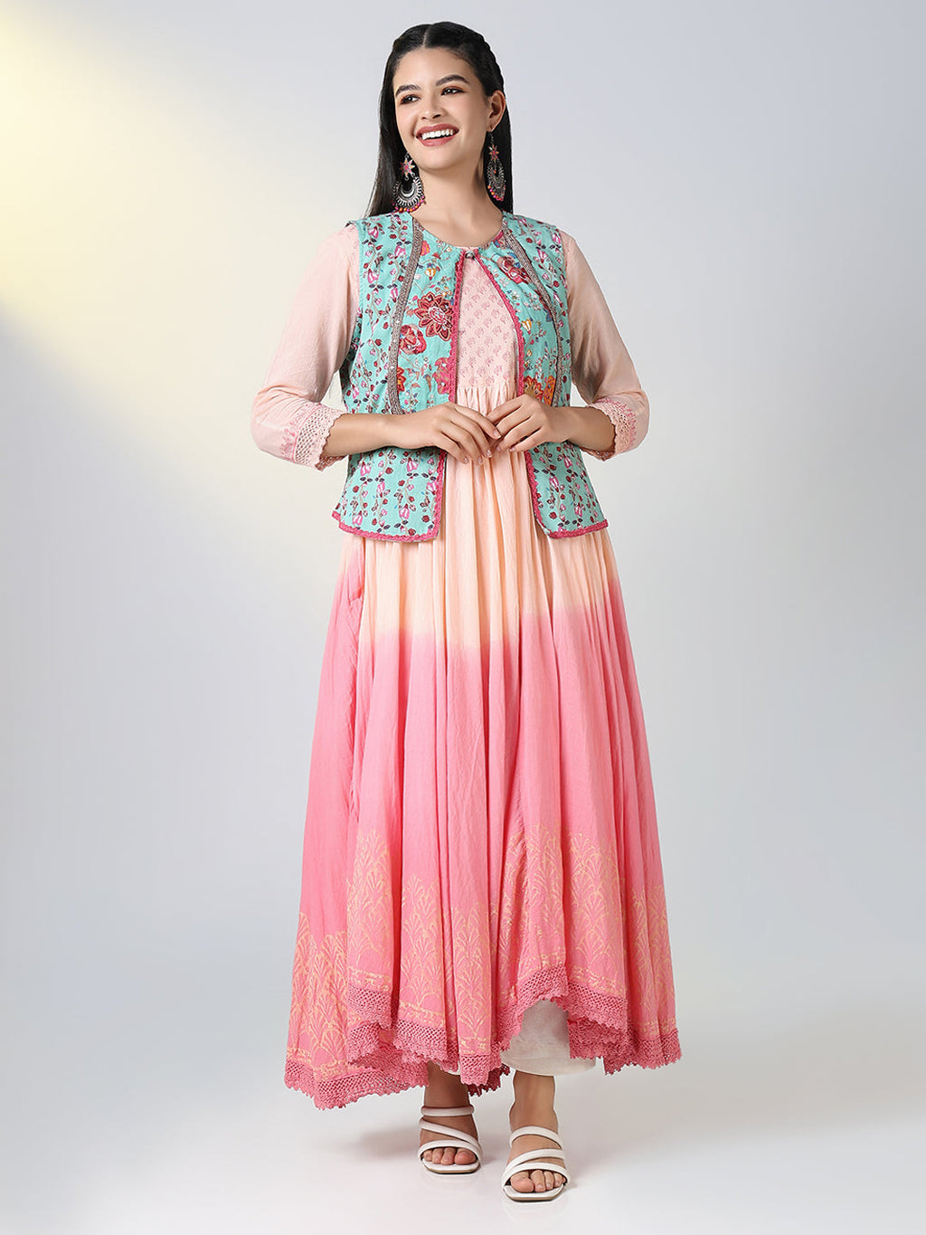 Women's Peach Ethnic Motifs Anarkali Kurta with Overcoat