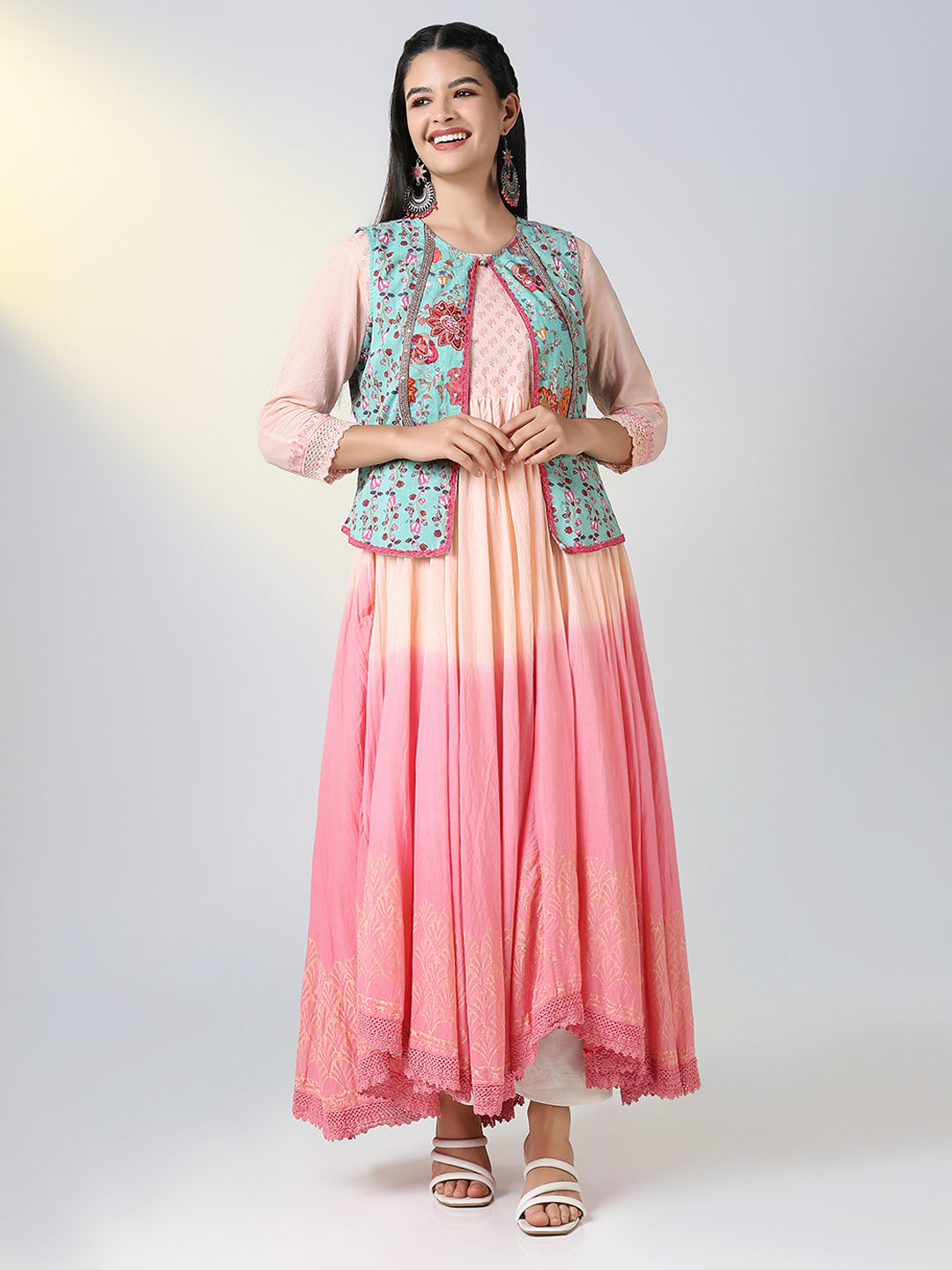 Women's Peach Ethnic Motifs Anarkali Kurta with Overcoat