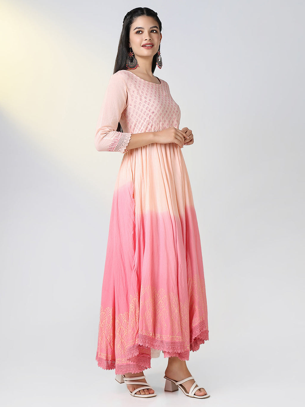 Women's Peach Ethnic Motifs Anarkali Kurta with Overcoat