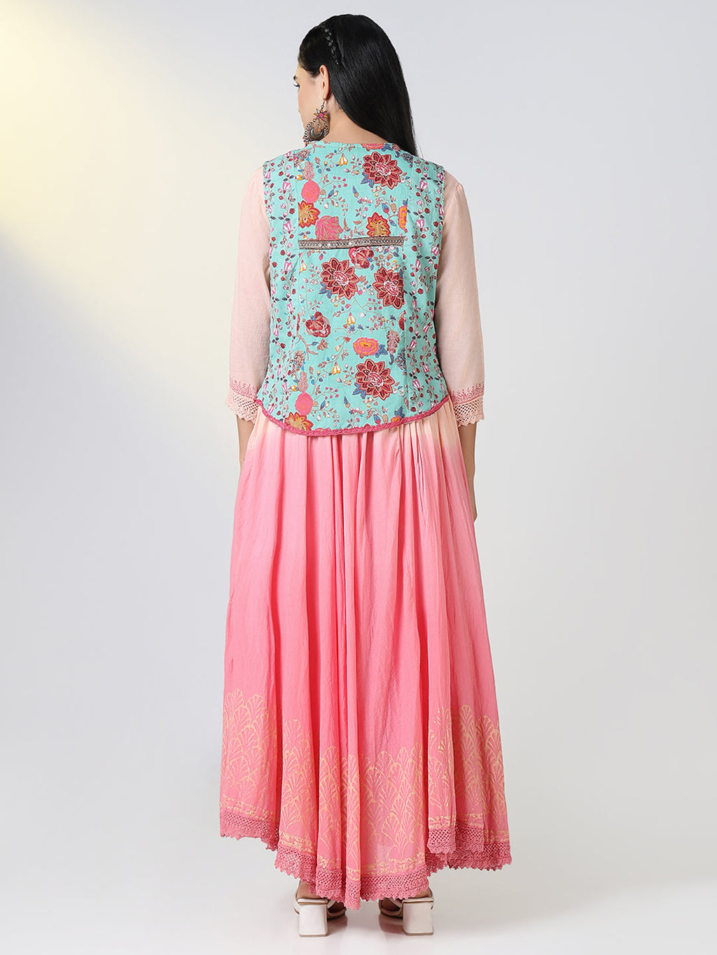 Women's Peach Ethnic Motifs Anarkali Kurta with Overcoat