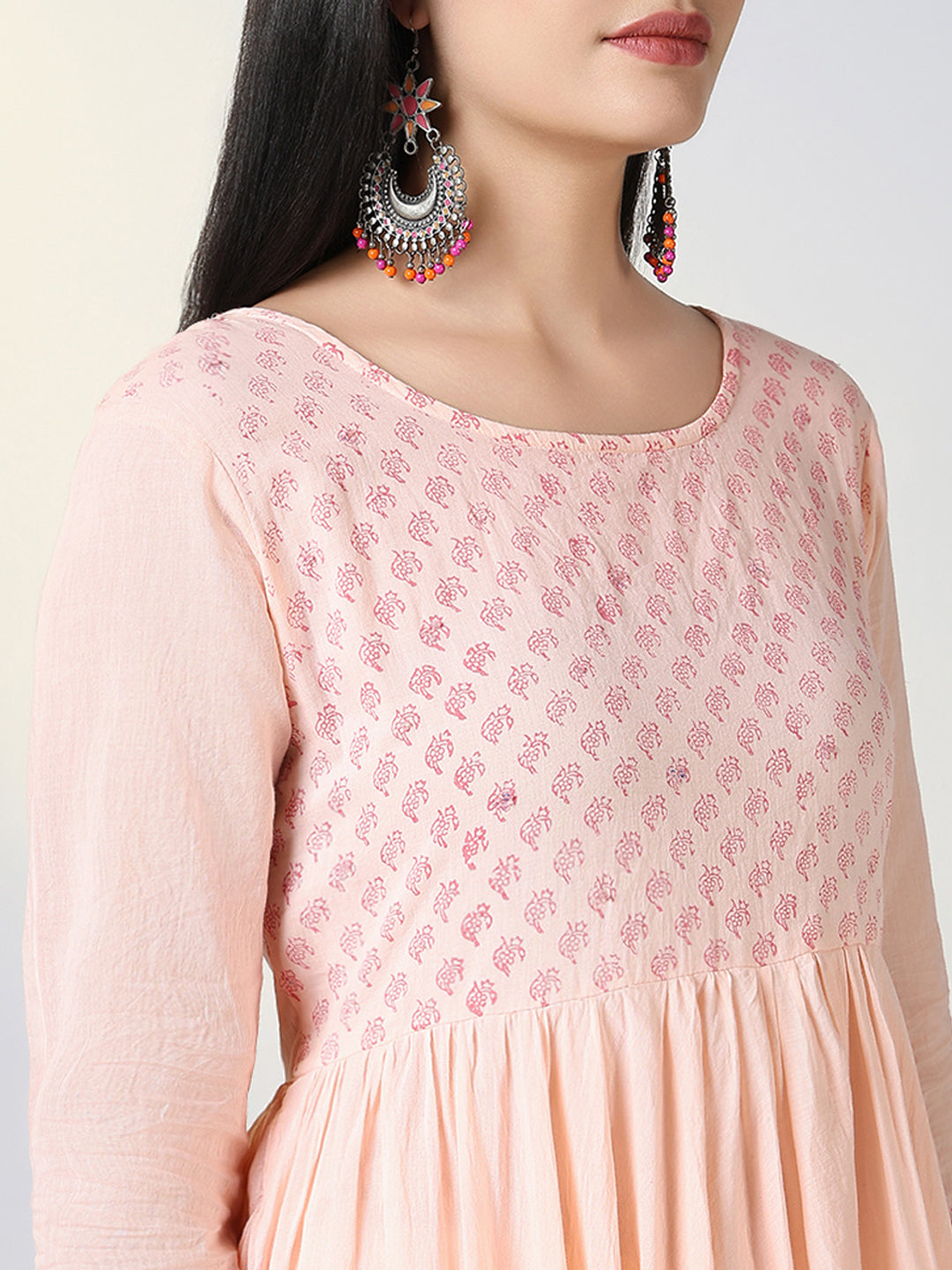 Women's Peach Ethnic Motifs Anarkali Kurta with Overcoat