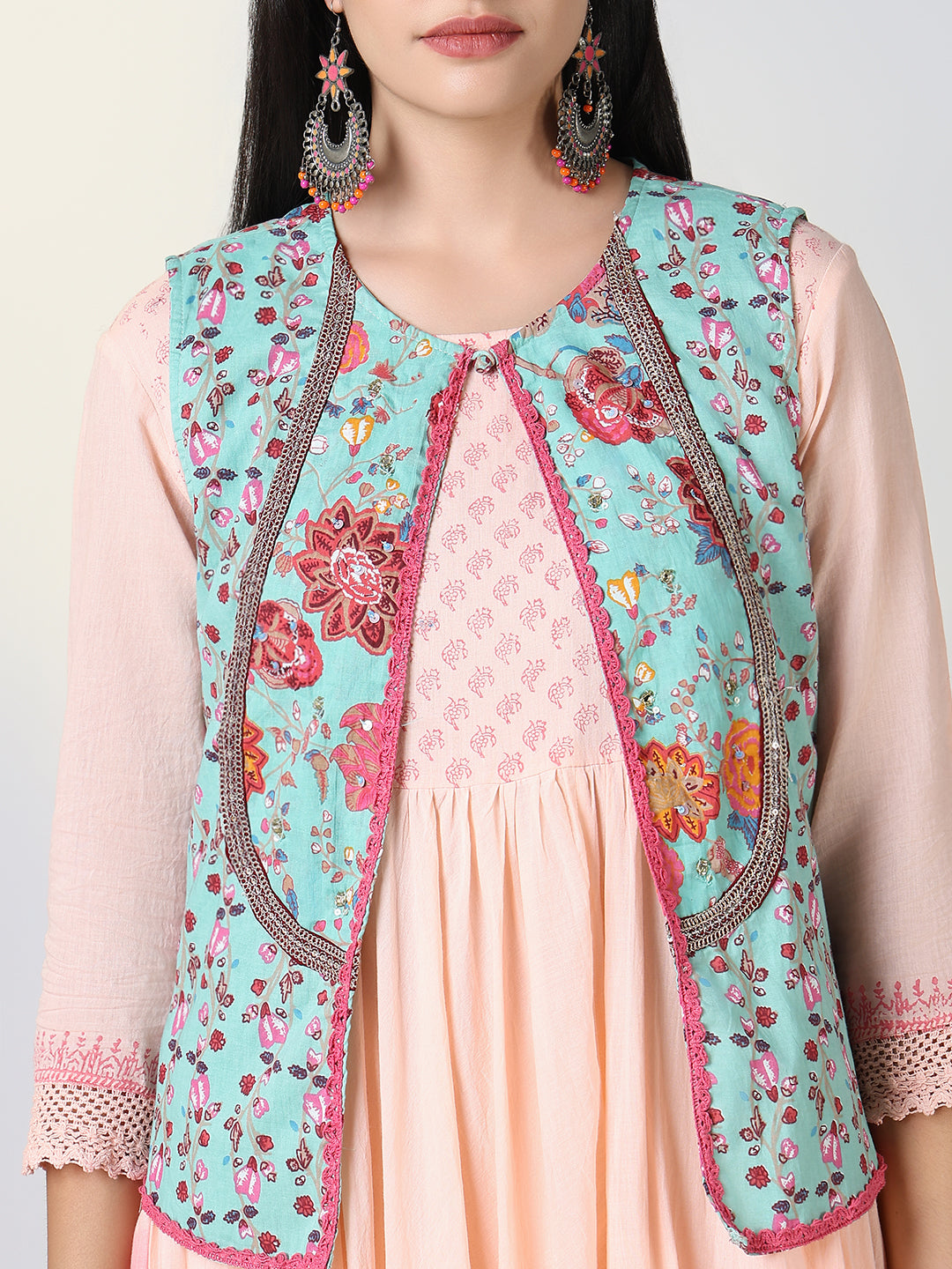 Women's Peach Ethnic Motifs Anarkali Kurta with Overcoat