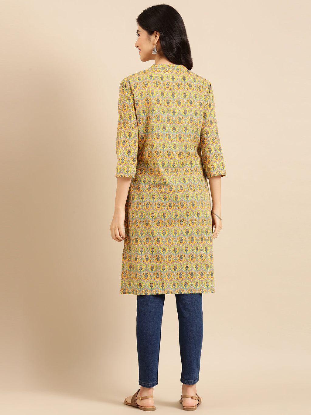 Women's Yellow Cotton Floral Printed Straight Kurta
